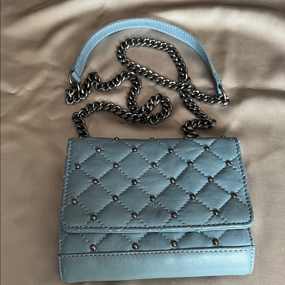 Zara Light Blue Studded Crossbody Stylish Silver Chain Strap Quilted Mini Bag
